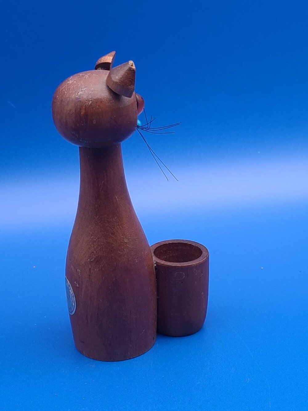 MCM Teak Wood Cat Toothpick Holder Standard Specialty Japan w Sticker - Picture 5 of 9